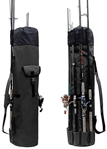 Allnice Robuste Aufbewahrungstasche für Angelruten und Rollen, Reisetasche, für 5 Stangen und Angelzubehör, Schwarz
