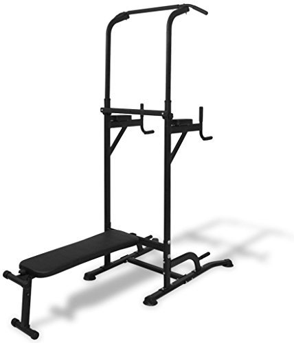 Tidyard Multifunktionellt krafttorn med sit-up-bänk, power tower sit up-bänk, träningsutrustning, kraftstation, motionscykel, pull-up-up-band, maximal lastkapacitet: 150 kg, justerbar höjd 182 cm till 235 cm