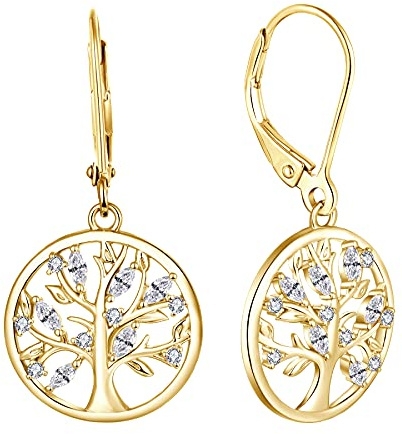 JO WISDOM Damen Ohrringe Hängende Baum des lebens Silber 925,Ohrhänger Lebenbaum mit 5A Zirkonia Kristall mit Gelb Vergoldet,Schmuck für Frauen