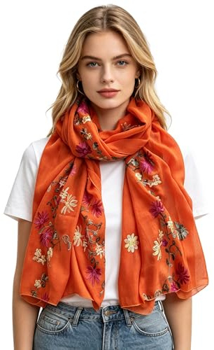 Lina & Lily Écharpe Châle Foulard à Fleurs Brodées De Différentes Couleurs (Orange)
