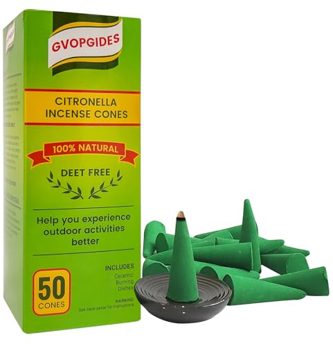 Citronella Incense Cones (50 Cones) Made with Plant Based Ingredients/Citronella Oil/Lemongrass/Rosemary Oil/Includes Ceramic Dishes