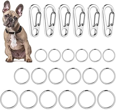 TIESOME Hundemarken Clips Mit Ringen, 6 Stück Clips 18 Stück Markenringe Edelstahl Haustiermarken Halter Schnellverschluss für Halsband und Geschirr 1,3 x 0,6 Zoll