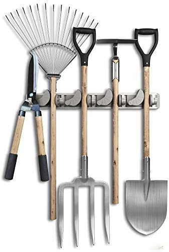 Platzsparender Gerätehalter [2er Set] - Aluminium-Profil mit 4 individuell positionierbaren Halterungen und 5 Haken [Für Besen, Gartengeräte, Werkzeug] - Ideal in Garage, Werkstatt und Garten