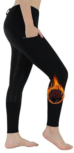 Damen Fleece Reithose,Mädchen Reitleggings Warme Plüsch mit Taschen Winter,Flex und Fashion Leggings für Reitsport Schwarz XL