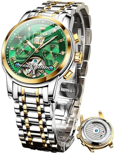OLEVS Herrenuhren Automatik Skelett Mechanische Grün Kleid Armbanduhr mit Diamant Tourbillon Tag Datum Wasserdicht Leuchtende Zweifarbige Uhr