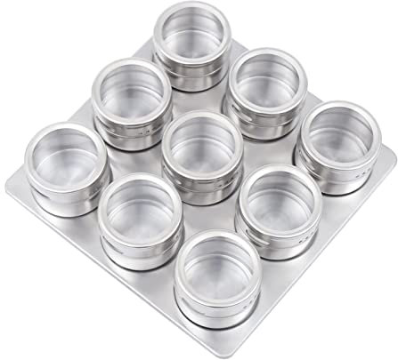 Set di 9 barattoli magnetici per spezie, per cucina, ristoranti, uffici, per spezie, miscele di spezie, viti, elastici, in acciaio inox