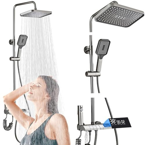 Duschsystem mit Regendusche & LED-Temperaturanzeige, höhenverstellbar 110–750mm, 360° Kopfbrause & Handbrause Set, modernes Duscharmatur Set in Grau für Wellness-Bad