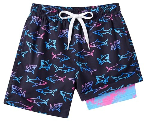 Cuddomper Teen Boys Swim Trunks Compression Liner Size 14-16 Swimming Shorts Gradient Shark Quick Dry Bathing Suit Swimwear with Stretch Boxer Brief Swimsuit Beach Boardshorts