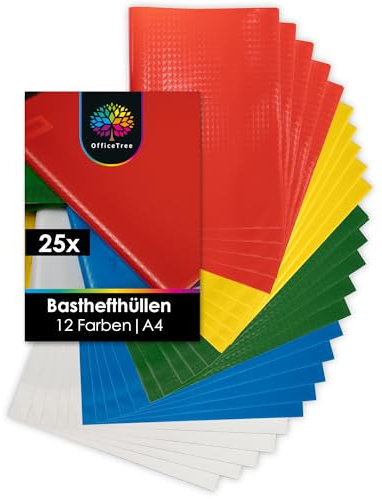 OfficeTree 25x Heftumschläge A4 Bunt - 5 Farben - Bastoptik - Hefthüllen A4 Bunt inkl. 25 Etiketten - Schutz Umschläge Heft für Schule & Büro - Hefteinband wasserabweisend - Heft Umschlag