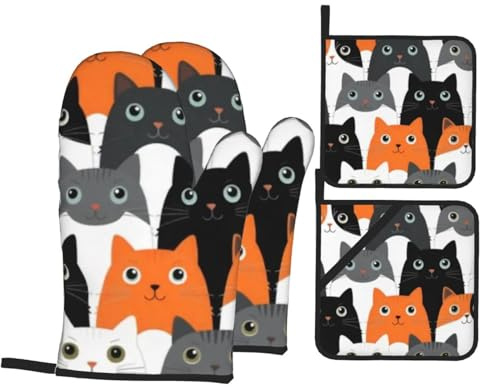 4 Pcs Cute Animal Cat Oven Mitts and Potholders,Kitchen Oven Glove with Pot Holders,Non-Slip Gloves High Heat Resistant 500 Degree for BBQ, Grill, Baking, Cooking, Oven, Microwave