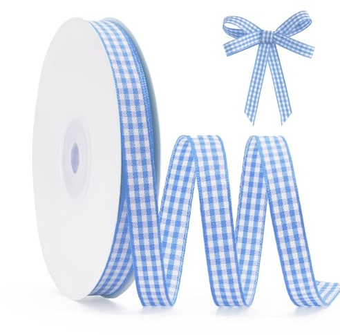 FAKILO Cinta Vichy a Cuadros Azul Claro y Blanco - 10mm x 22m, Cinta de Satén Tartán para Regalos, Bodas, Navidad, DIY, Hacer Lazos, Decoración del Hogar y Accesorios para el Pelo