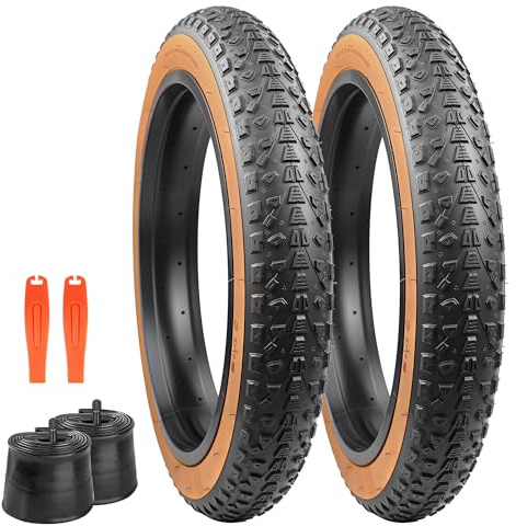 Neumáticos para bicicleta eléctrica de 20 x 3,0 pulgadas, 76-406, con perfil antideslizante, para bicicletas eléctricas/Fat Bike/MTB (negro con borde marrón, 2 juegos (2 neumáticos + 2 tubos + 2