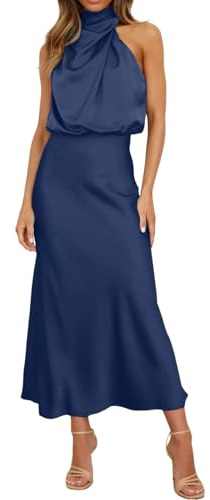 Generisch 2025 Vestido largo formal de satén para mujer de verano con cuello alto sin mangas con abertura lateral fluida maxi vestido de tanque vestido de verano para mujer con mangas, azul oscuro, M