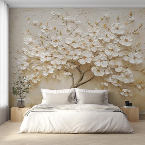 Générique Papier Peint Panoramique Arbre à Fleurs Relief, Papier Peint Fleur Blanche 3D 350 x 250 cm, Photo Décoration Murale, Papiers Peints Intissé Décoration Murale Salon Chambre EL&D78