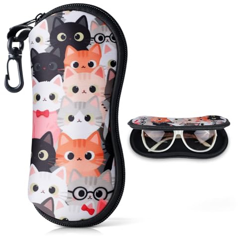 Funda Gafas Blanda Estuche de Gafas de Sol para Mujers Fundas para Gafas Natacion Fundas Gafas Blandas Portátil Bolsa de Neopreno Suave y Ultraligero para Viaje con Mosquetón,Color-Cabeza de Gato