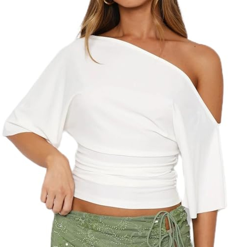 Women Cinched Waist Crop Top Y2K Off The Shoulder Short Sleeve T-Shirt Going Out Ruched Tees Summer Basic Blouse (White, L)
