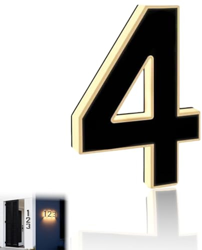 Solar Lighted House Numbers, Lighted House Numbers with LED Backlit Address Sign, Waterproof Solar Powered Address Plaque, Large Modern Illuminated House Number Light for Home Garage (4)
