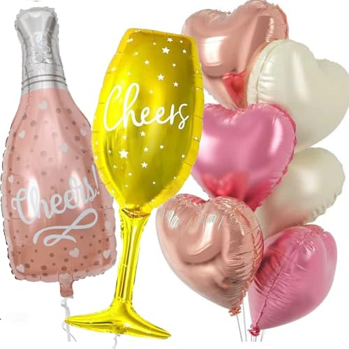 Set di palloncini per champagne, bottiglia di champagne e bicchiere di vino, palloncini in pellicola, oro rosa e crema, per addio al nubilato, fidanzamento, compleanno e matrimonio
