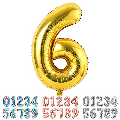 Ponmoo Foil Balloon Number 6 Gold, Giant Numbers 0 1 2 3 4 5 6 7 8 9 10-19 20-29 30-39 40-49 50-60-70-80-90-100, Large Balloons for Wedding Anniversary Birthday Party Decoration