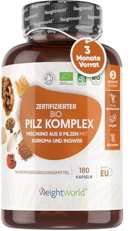 Organic Mushroom Complex - Mischung aus 8 Pilzen - 180 Kapseln mit Lions Mane Pilz, Reishi, Chaga, Shiitake, Cordyceps, Kurkuma, Ingwer, Maitake - BIO Pilz Komplex - Hericium Erinaceus von WeightWorld
