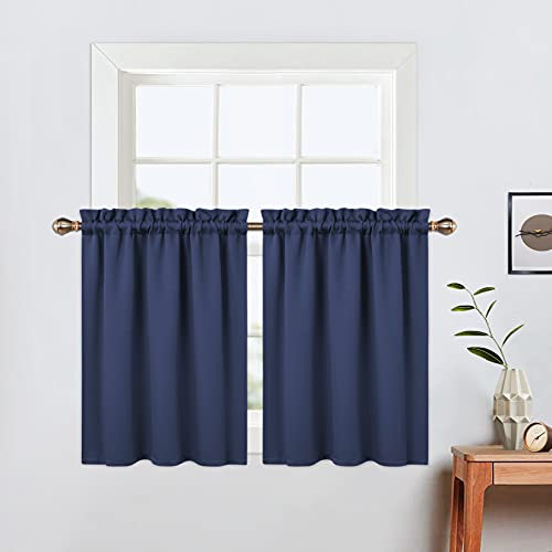 LinTimes Blackout Küchenvorhänge, Stangentasche Kurzer Verdunkelungsvorhang für kleine Fenster,Thermofenstervorhänge,66cmx76cm(26x30 inch),2 er Set Navy Blau
