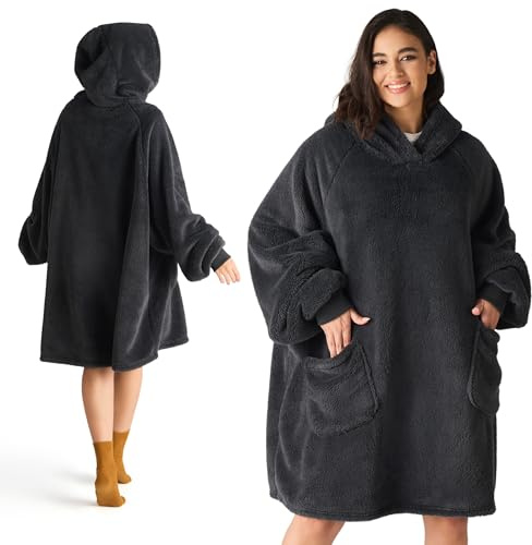 BEDSURE Hoodie Decke mit Ärmeln - Kuschelpullover als Geschenke für Frauen - Tragbare Decke zum Anziehen Erwachsene Kuscheldecke mit Ärmeln Weich Warm Geschenke für Freundin Mütter, Anthrazit 95x85cm