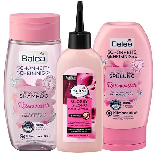 Balea 3er-Set Haarpflege: Professional GLOSSY & LONG MAGICAL WATER Pflegeserum für langes, geschädigtes Haar (200 ml) + Rosenwasser SHAMPOO Glanz & Leichtigkeit (250 ml) + HAARSPÜLUNG (200 ml), 650 ml