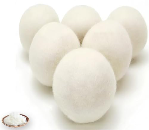 Lot de 6 balles de séchage en laine – Boules de linge – Adoucissant naturel – Alternative aux feuilles de sèche-linge, adoucisseurs liquides et boules en plastique, plus 10 g de laine d'agneau pour le