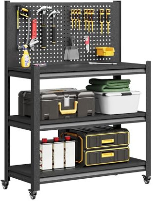 TOPASS Arbetsbänk med pinnbräda, justerbart tungt arbetsbord med hjul, kraftig arbetsstation, metallverktyg arbetsbänk för garage lagerverkstad, 122 cm H x 45 cm D x 86 cm B (med pinnbräda)