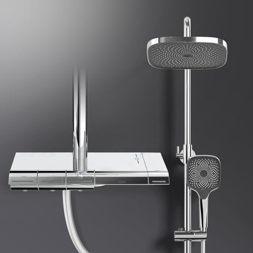 EMKE Sistema de Ducha con Termostato, Conjunto de Ducha con Columna de Ducha, Cabezal de Ducha de Mano con 3 Chorros, Ducha de Lluvia, Sistema de Ducha Cromado