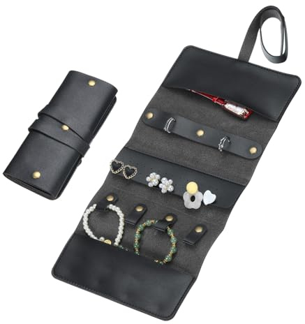 uxcell Travel Jewelry Roll Bag, Foldable Travel Jewelry Organizer Case, Portable Jewelry Pouch for Traveling Rings Necklaces Earrings Bracelets Jewelry Storage, Black