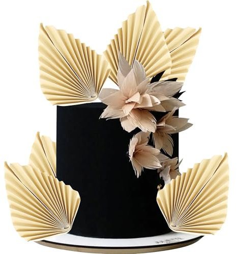 Lot de 6 éventails en papier - Décoration de gâteau - Pour fête prénatale, mariage, anniversaire, fête - Beige