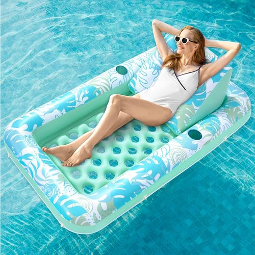 Sloosh 72x 38/180x95 cm Piscina con Materasso ad Aria per Adulti, Piscina Gonfiabile con Portabicchieri, Schienale Regolabile, Materasso ad Aria Acqua per Adulti, Festa in Acqua Cyan