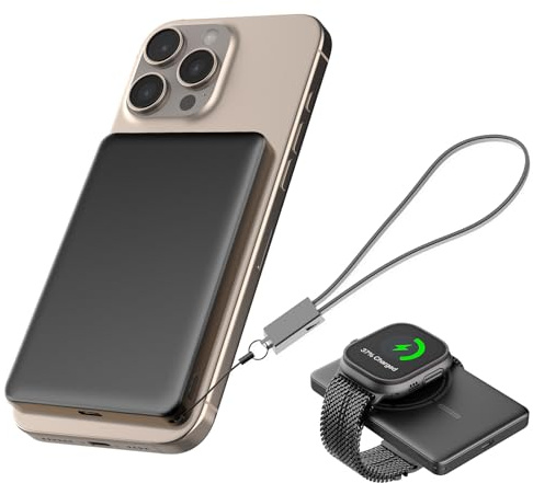 JUOVI Trådlös Power Bank 5000mAh Magnetisk Powerbank för Magsafe Trådlöst Externt Batteri PD 20W med USB-C Snabbladdning Bärbar Laddare Kompatibelt med Airpods i-Watch iPhone16 15 (Svart, 20W) | Bärbara laddare mini externt batteripaket med USB C-kabel, externa mobiltelefonbatterier för iPhone 17 16 15 Pro Max i-Watch