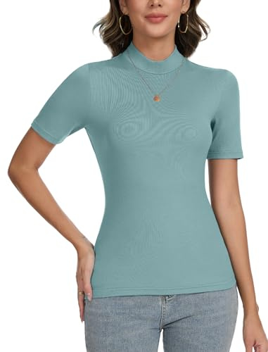 CARCOS Pull à manches courtes pour femme - Col montant - Col roulé - Manches courtes - Pull basique - Coupe ajustée - T-shirt pour printemps, été, automne - Élégant, bleu, XL