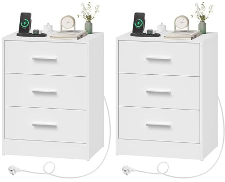 WOLTU Mesitas de Noche, Mesas de Centro con Enchufes, Mesitas de 3 Cajones, Mesillas de Noche para Dormitorio, Salón y Estudio, Blanca, MDF, 39x28,5x54,5 cm