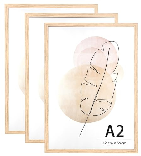 KAIWIN A2 Picture Frame Oak Set of 3, Wooden Poster Frame, A2 Picture Frames for Wall Mounting Display for Home, Office,Gallery,Holiday with Photos, Posters, Puzzles