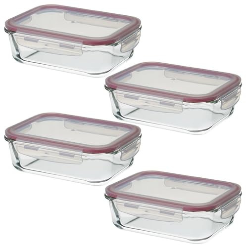 CASASELECCION. Set 4 Tapers de Cristal para Conservar Alimentos de 1040 ml. Tupper cristal hermético (4 recipientes y 4 tapas transparentes). Aptos para lavavajillas, microondas, horno y congelador