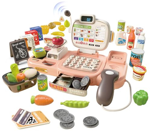77PCS Cash Register Toy for Kids, Pretend Play Supermarket Checkout Set with Scanner, Calculator, Coins, Bills, Card & Mobile Payment, Educational Role Play Toy for Boys & Girls Aged 3-6 Years