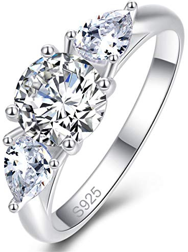 Bonlavie Silver Ring for Women, 925 Sterling Silver Pear and Round Cut White Cubic Zirconia Engagement Ring for Her Size K 1/2-T 1/2