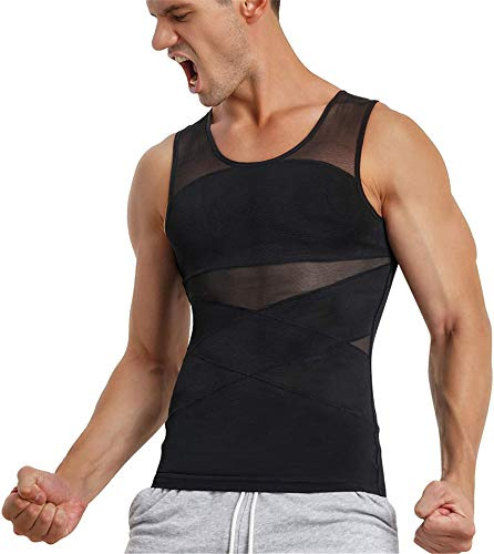 TAILONG Men's Compression Shirt for Body Shaper Slimming Vest Tight Tummy Underwear Tank Top (Black, XX-Large)