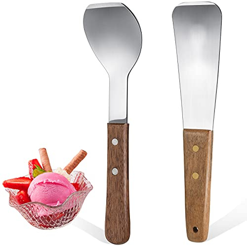 Patelai 2 Pcs Ice Cream Scoop Stainless Steel Ice Cream Shovel with Wooden Handle Dessert Spade Butter Cutter Flat Metal Spade for Dining Kitchen Utensil Home Commercial