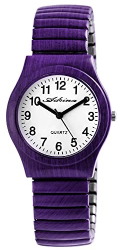 Adrina Damen-Uhr Edelstahl Zugarmband lila große Ziffern Länge 18 cm Durchmesser 34 mm Breite 18 mm Geschenke für Frauen