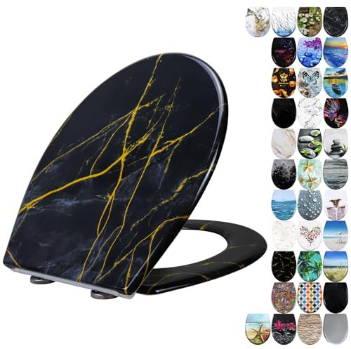 Fanmitrk Duroplast Toilet Seat Soft Close -Black Color,Quick Release Toilet Lid with Top Fixing,Black Marble Effect(UF819-13X)