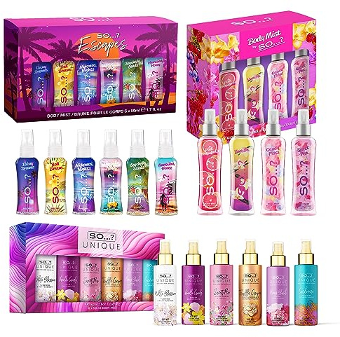So…? Self Love Heaven Womens Body Mist Gift Set Bundle, Unique Grande (6x50ml), Summer Escapes Grande (6x50ml) & Body Mist by So…? Luscious Four Set (4x100ml)