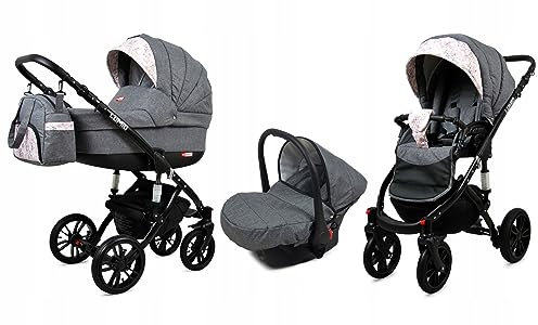 BabyLux® Kinderwagen Set 3 in 1 - Lumio - incl. Babywanne, Buggy Sportsitz, Auto-Babyschale - Autositz - Kinderwagenset - Kombikinderwagen mit Wickeltasche, Regenschutz usw.