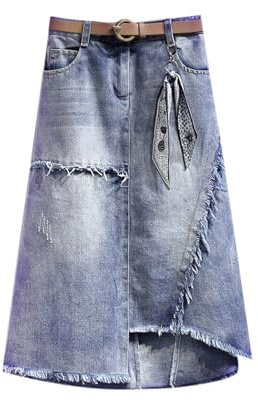 JITEM Jupe Longue en Denim à Bords Bruts irréguliers pour Femmes, décontractée, Taille Haute, Ligne A asymétrique, Grande Taille, Jupe en Jean Midi avec Ceinture