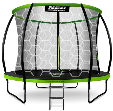 Neo-Sport Trampolino da giardino per bambini, rete di sicurezza interna, aste imbottite, resistente alle intemperie, antiruggine, portata fino a 150 kg, verde, nero, 312 cm
