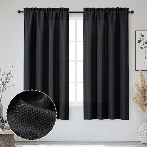 OWENIE Bob Black Curtains 63 Inch Length 2 Panels Set for Living Room Bedroom, Light Filtering Faux Linen Textured Soft Window Curtain, Airy Soft Rod Pocket cortinas para cuarto, 40Wx63L Inches, 2 Pcs