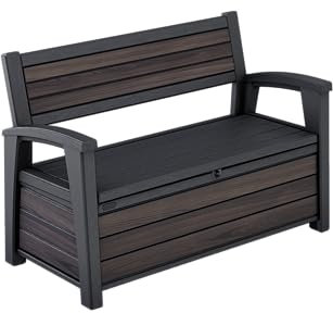 Keter Deco, Banco arcón Exterior, Baúl almacenaje, Capacidad 227 L, Resina, Acabado Efecto Madera Rosewood, 151.7 x 72.5 x 70 cm